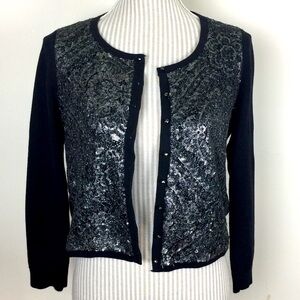 ANTHROPOLOGIE Cardigan Sparkle Embroidered Black Silver Small